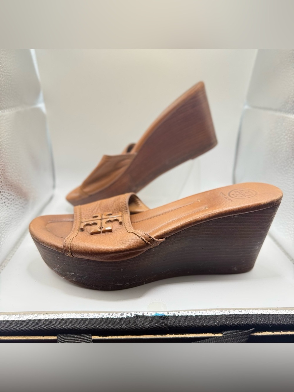 Tory Burch Tan Leather Logo Wedge Slides